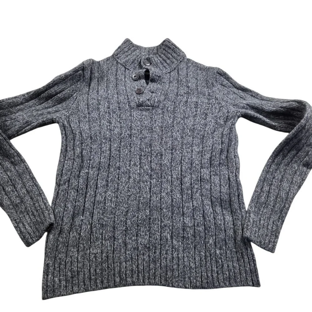 Eddie Bauer Sweater Mens Large Tall Gray Henley Ribbed Wool Blend Preppy